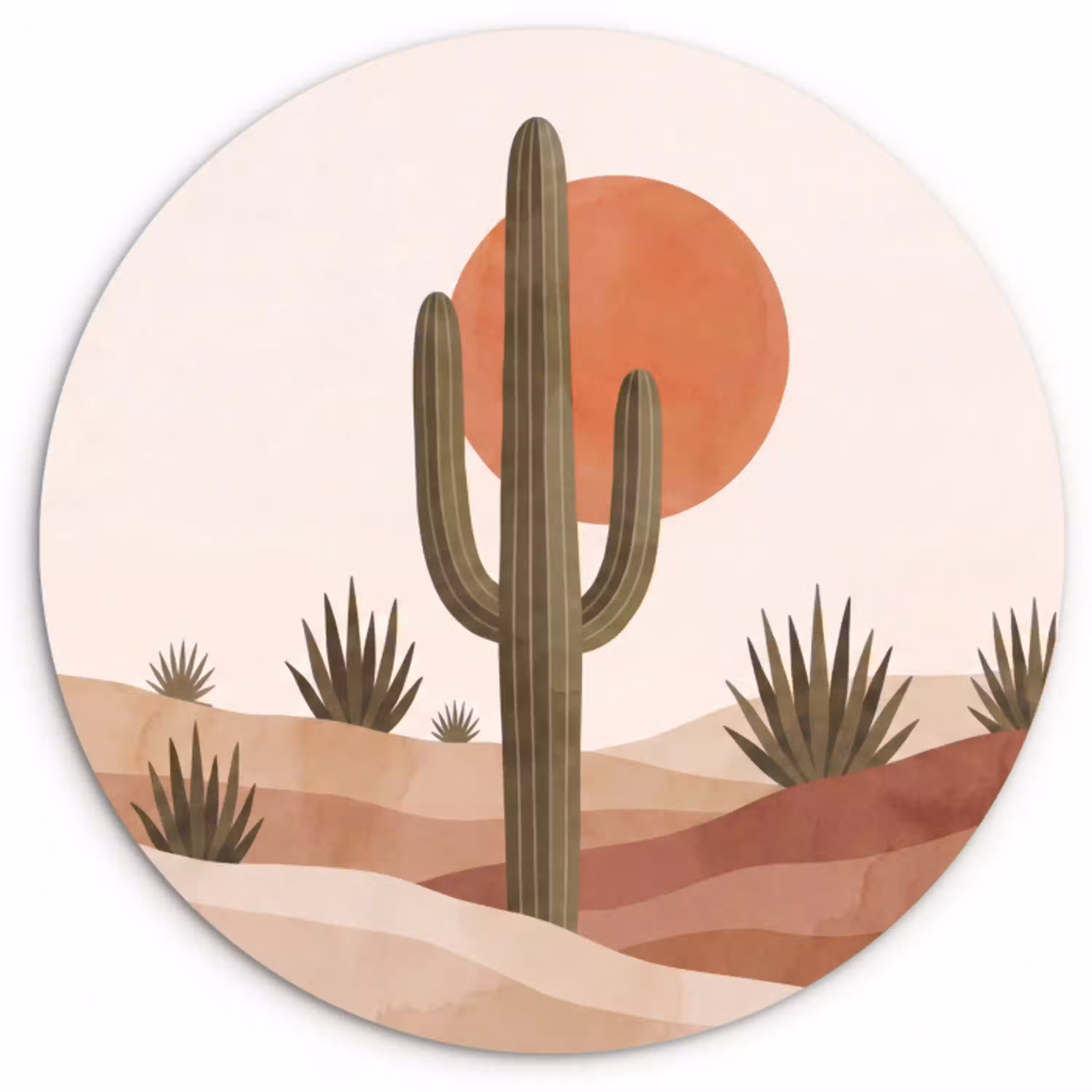 Cactus - Duinen - Modern - Landschap - Groen Wandcirkel kunststof plaat 5mm dik klein -3d