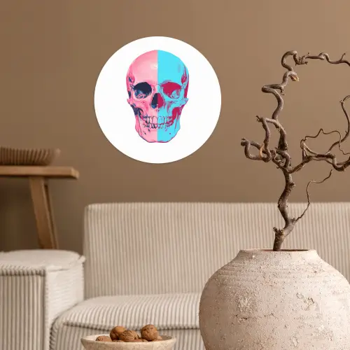 Schedel - Grafisch - Roze - Verdeeld Wandcirkel behangsticker klein -sfeer1