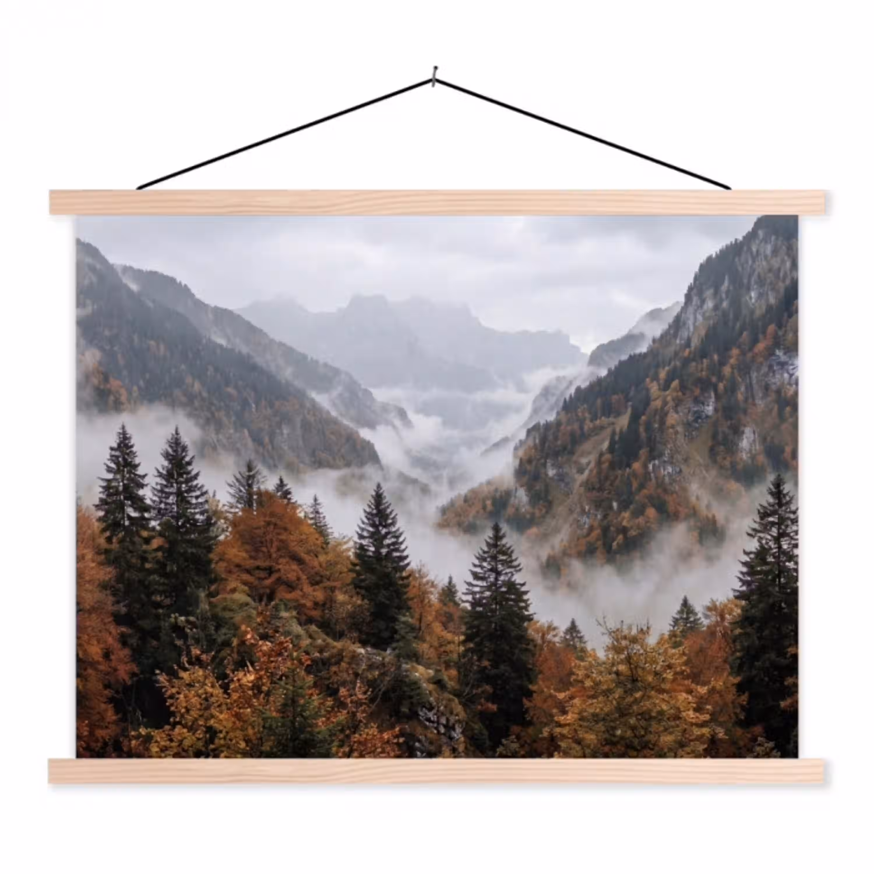 Bergen - Vallei - Mist - Herfst - Natuur textielposter latten blank klein -3d