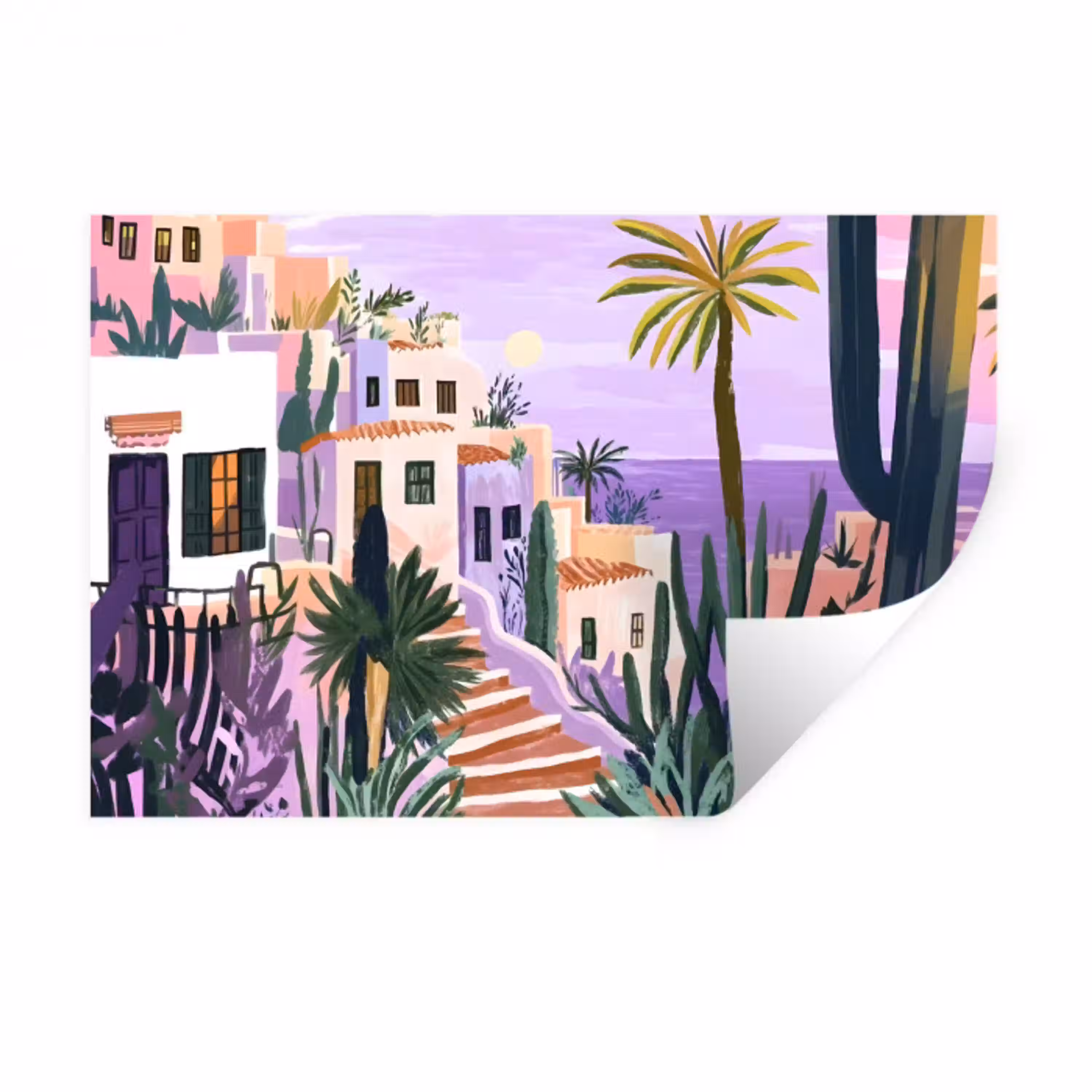 Huizen - Minimalistisch - Palmbomen - Kust Muursticker klein -3d