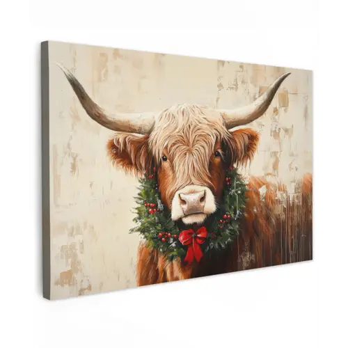 Kerst - Schotse Hooglander - Bruin - Krans canvas 2cm klein -z3d