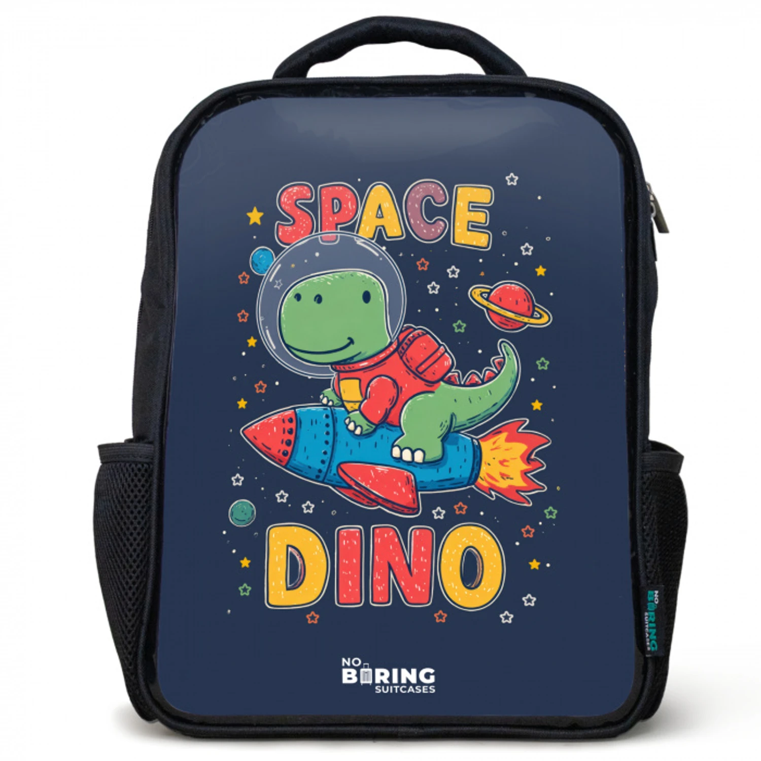 Dino - Groen - Raket - Sterren Rugzak - Zwart middel -3d