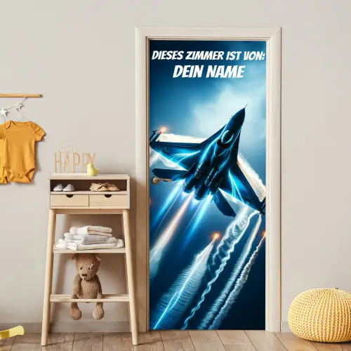 Kampfjet im Flug mit Namensfeld. deurposter klein -sfeer4
