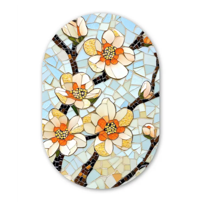Bloesems - Wit - Mozaïek - Tak Wandcirkel Ovaal Glas middel -3d