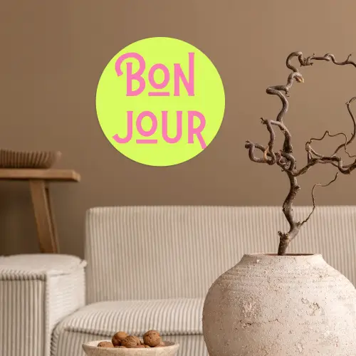 Groen - Roze bonjour - art-deco Wandcirkel behangsticker klein -sfeer1