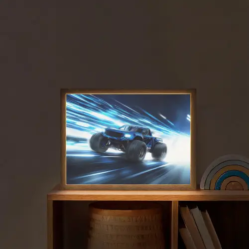 Monstertruck - Blauw - Neon - Lichten Light Box met batterij (Wandlamp kind) middel -sfeer1_kind