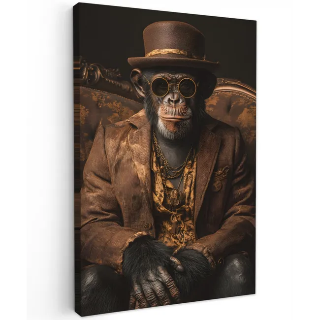 Chimpansee - Stoel - Pak - Bruin Tuinposter op houten frame 2 cm dik klein -3d