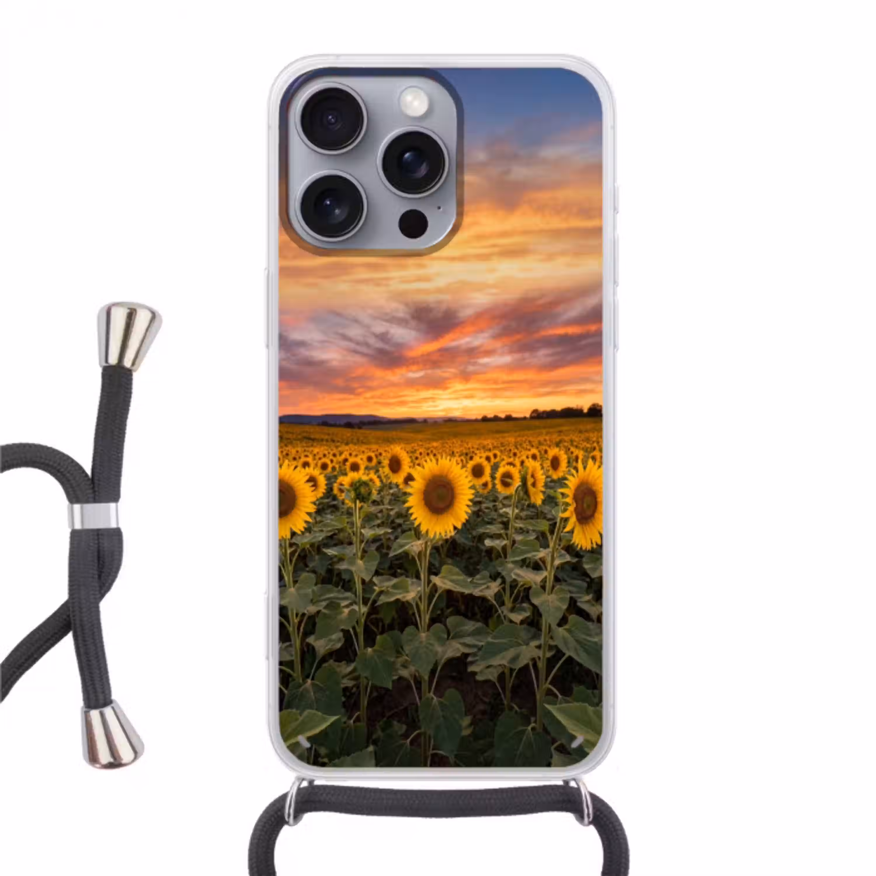 Zonnebloemen - Heuvellandschap - Geel Hoesje iPhone 16 Pro Max met koord klein -3d