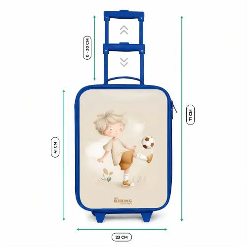 Jongen met een voetbal in beige kleuren Kinderkoffer - Blauw klein -productfoto_formaten