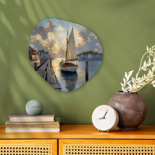 Zeilboot - Zon - Pier - Hout Wandcirkel Organisch Forex 3mm klein -sfeer2