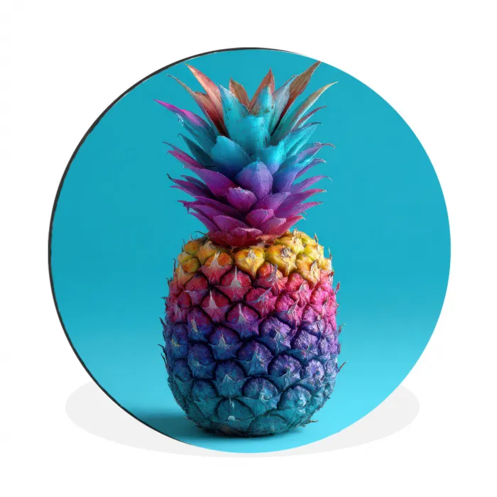 Ananas - Regenboog - Blauw - Popart Wandcirkel aluminium klein -3d