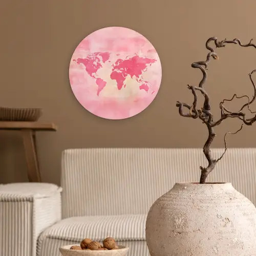 Wereldkaart - Roze - Vaag Wandcirkel kunststof plaat 5mm dik klein -sfeer1