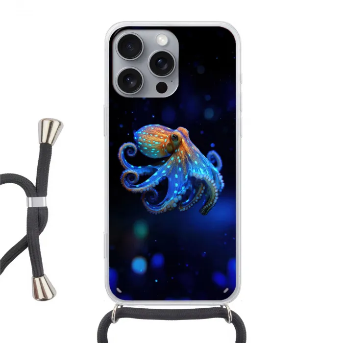 Octopus - Stippen - Blauw - Zee Hoesje iPhone 16 Pro Max met koord klein -3d