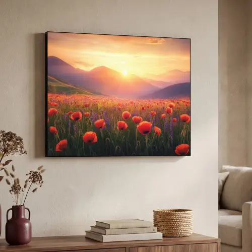 Landschap - Zonsondergang - Bloemenveld Textielframe zwart klein -sfeer3