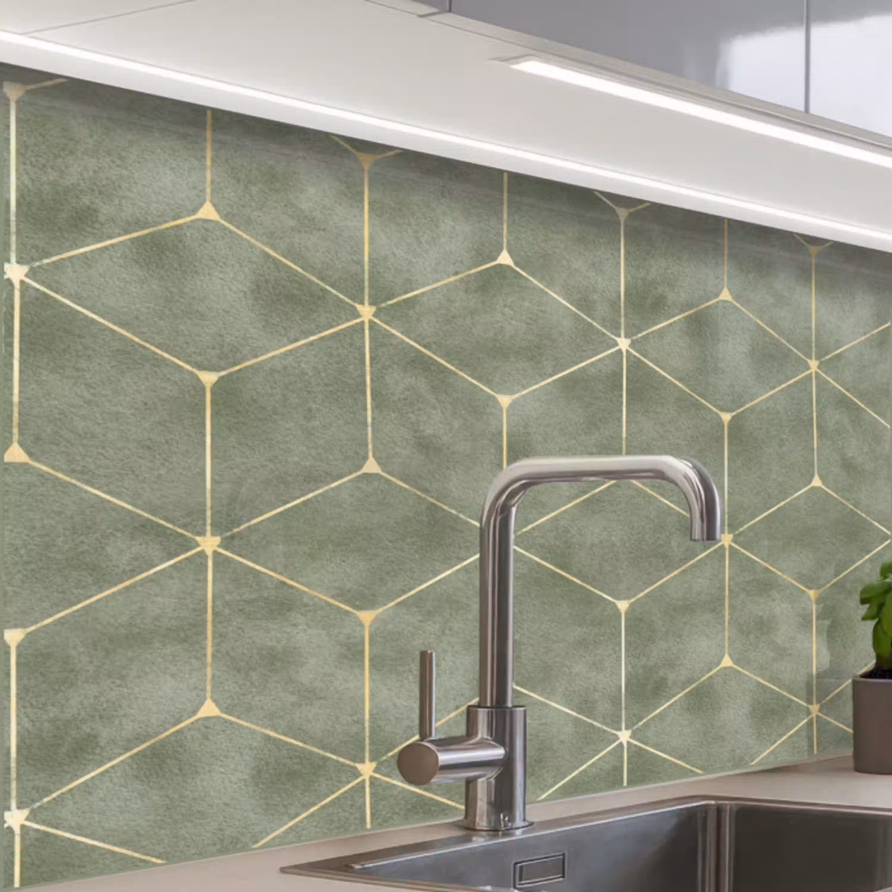 Subtiel - Geometrisch - Goud - Groen keuken achterwand 2 middel 865 -zzzz3d_schuin