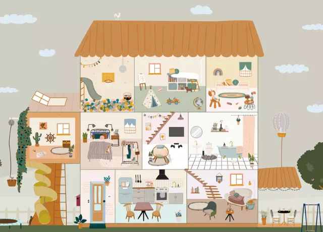 Een speelmat waarop een poppenhuis te zien is. 
