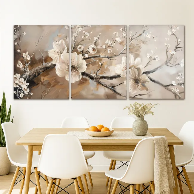 Meerluik schilderij - 3 luiken - Bloesem - Beige - Abstract - Bloemen
