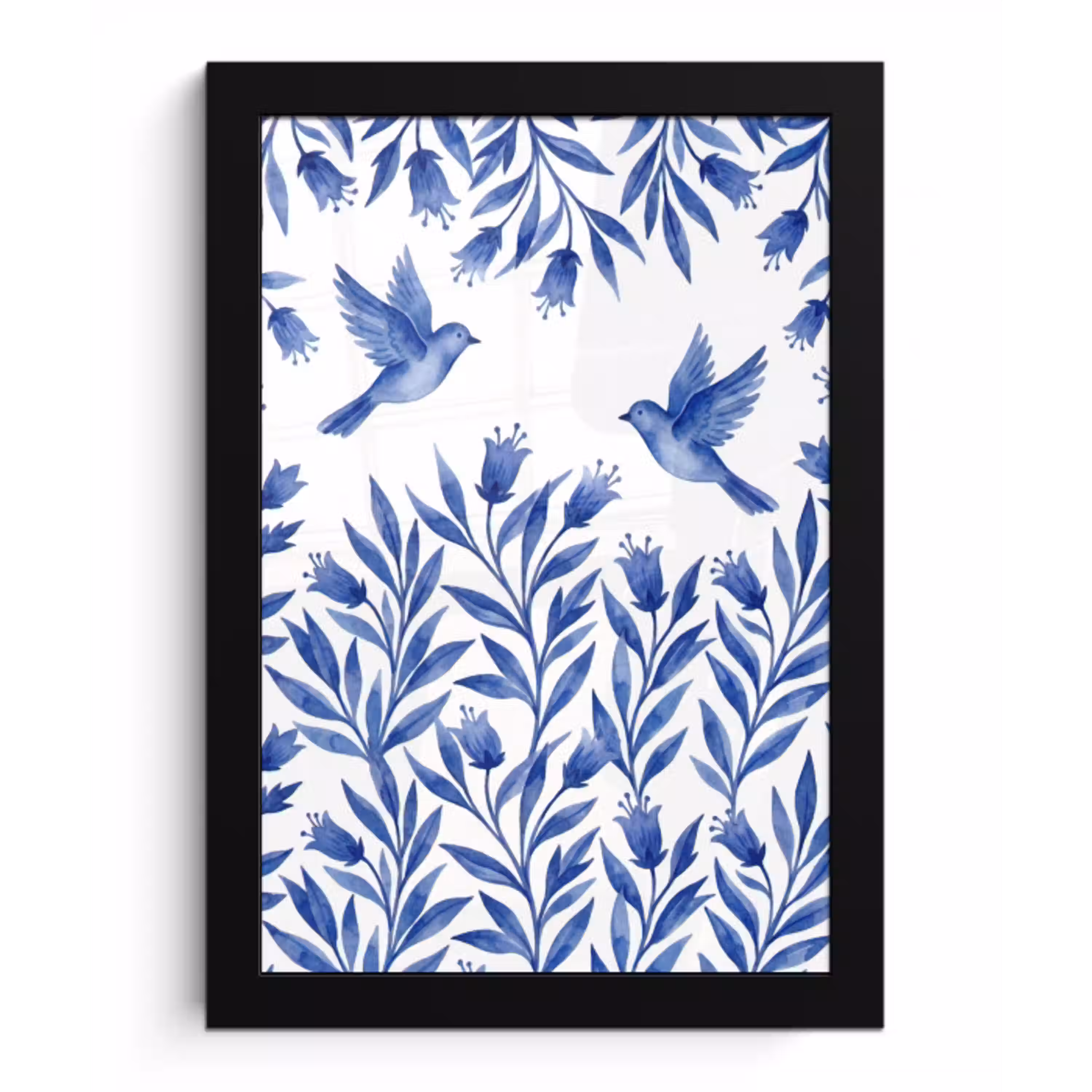 Modern - Vogels - Delfts - Blauw fotolijst zwart zonder passe partout klein -3d