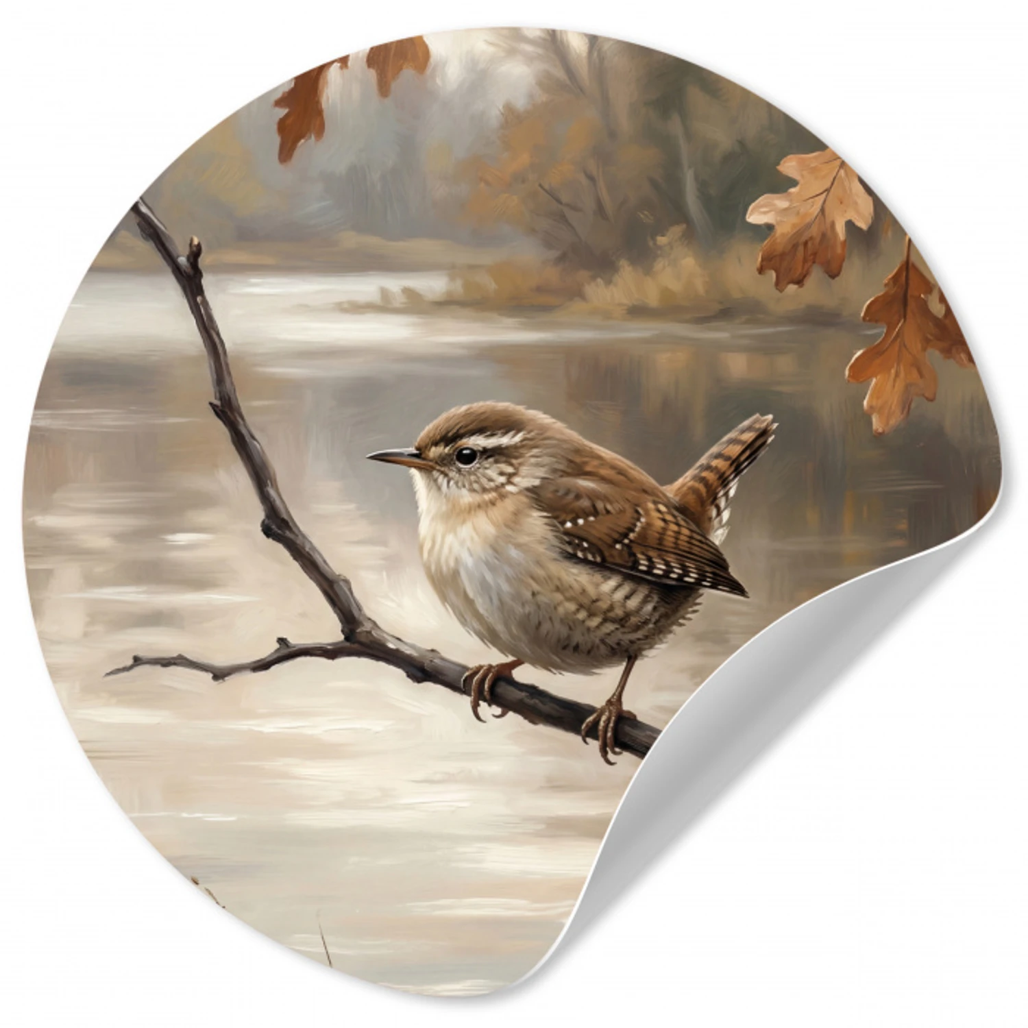 Winterkoninkje - Tak - Rivier - Natuur - Sfeervol Wandcirkel behangsticker klein -3d