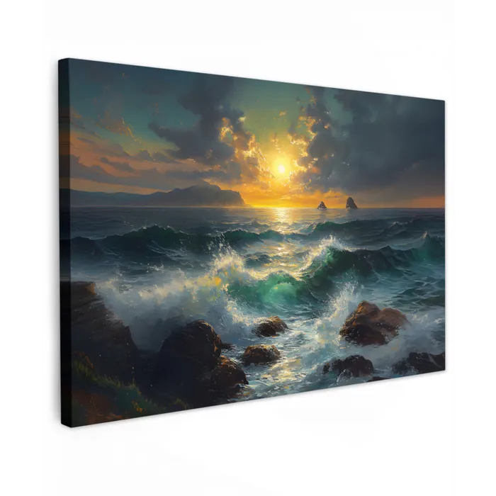 Zee - Zon - Golven - Rotsen Tuinposter op houten frame 2 cm dik klein -3d