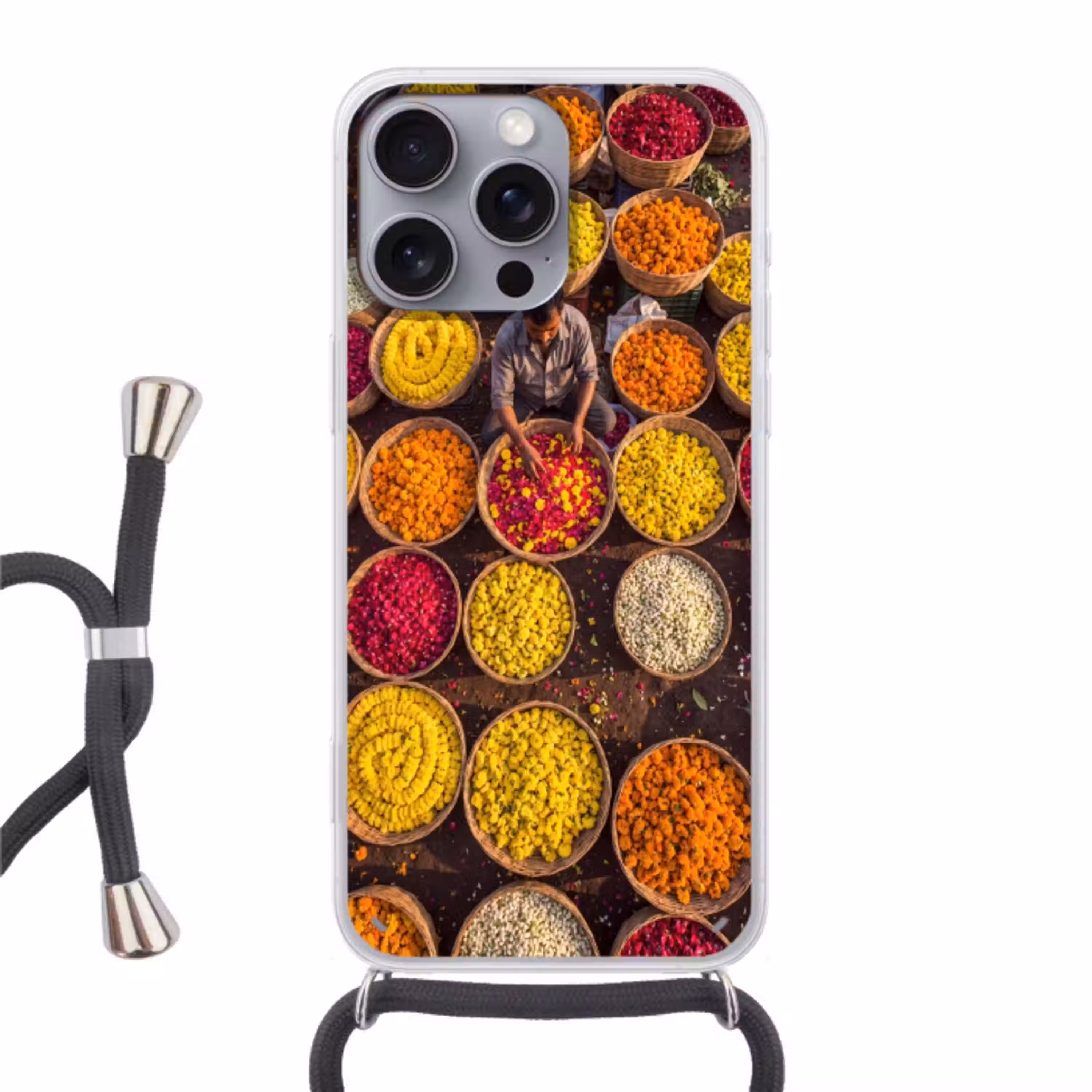 Bloemen - Markt - Kleurrijk Hoesje iPhone 16 Pro Max met koord klein -3d