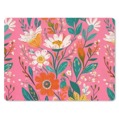 Roze - Bloemen - Wit - Oranje muismat rubber klein -3d