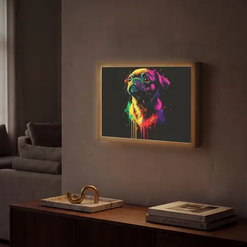 Puck - Hond - Verf - Kleuren Light Box met batterij (Wandlamp) middel -sfeer1