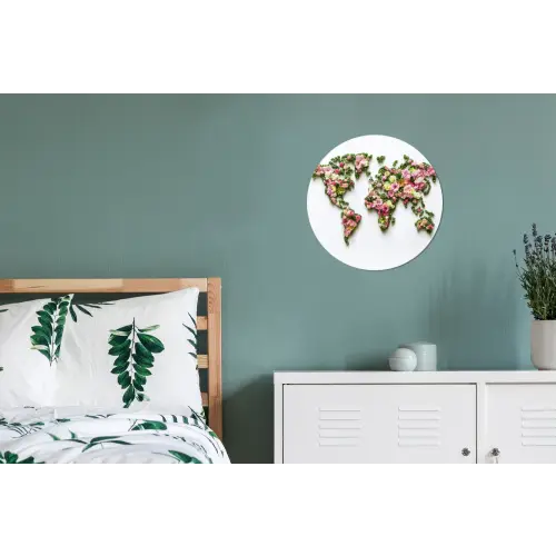 Wereldkaart - Kleurrijk - Bloemen - Lente Wandcirkel aluminium klein -slaapkamer