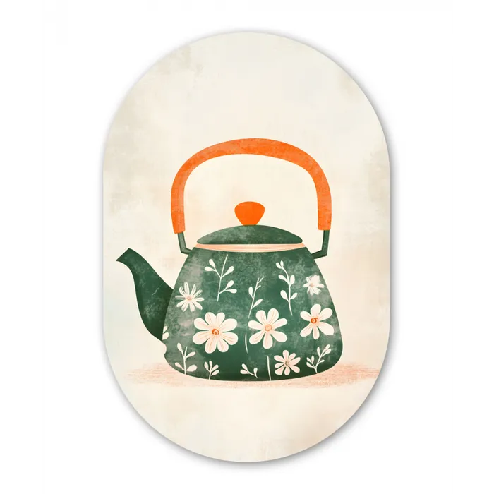 Theepot - Groen - Bloemen - Oranje Wandcirkel Ovaal Glas middel -3d