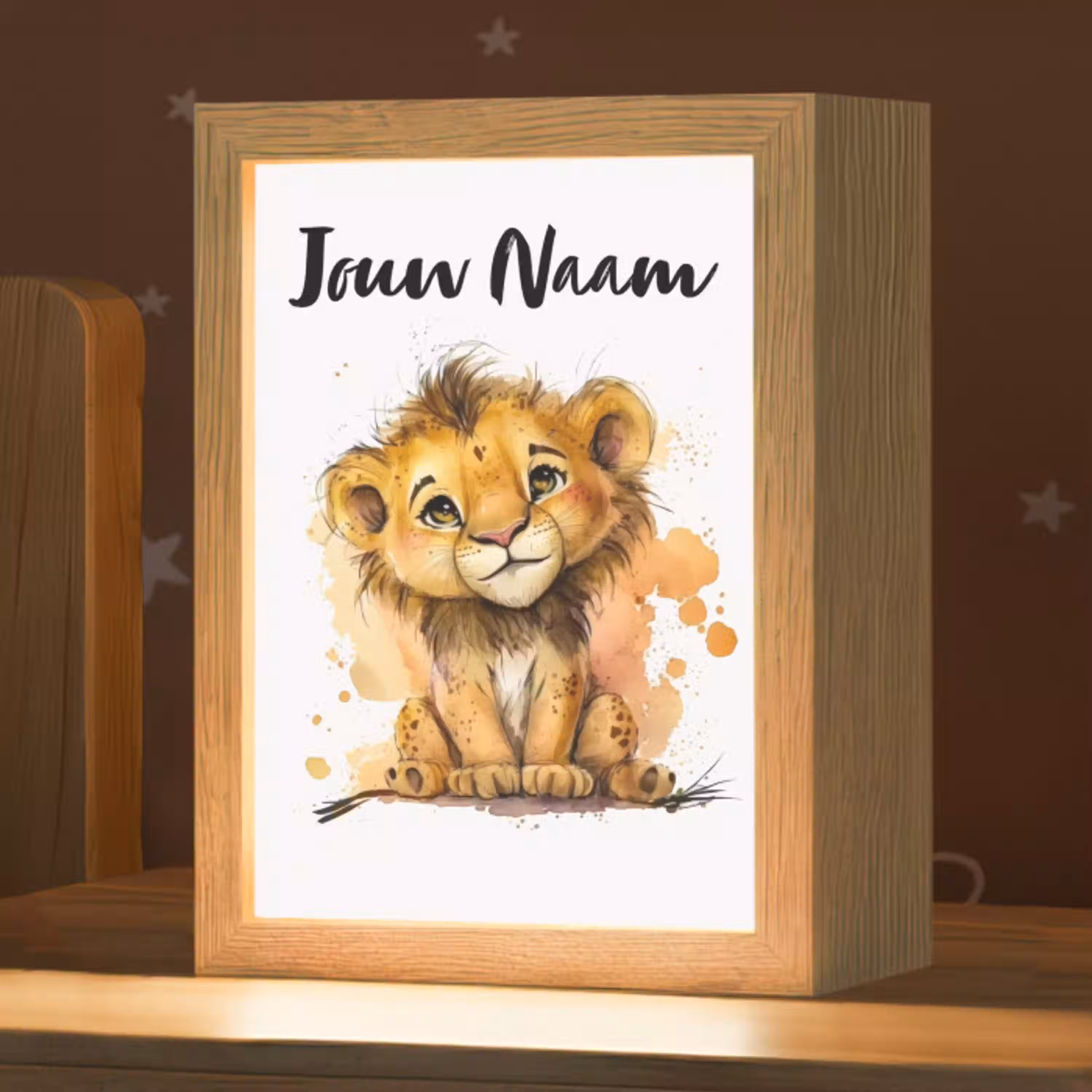 Leeuw - Waterverf - Bruin - Dieren - Meisjes - Jongens Light Box met kabel (Kinderlampje) klein -zzz_3d_website