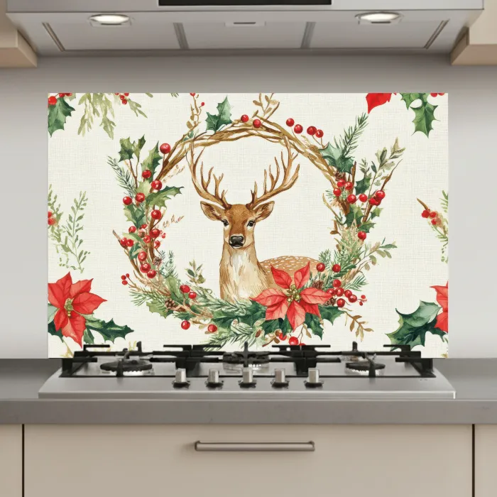 Kerstkrans - Hert - Hulst - Rood keuken achterwand spatscherm klein -3d_website