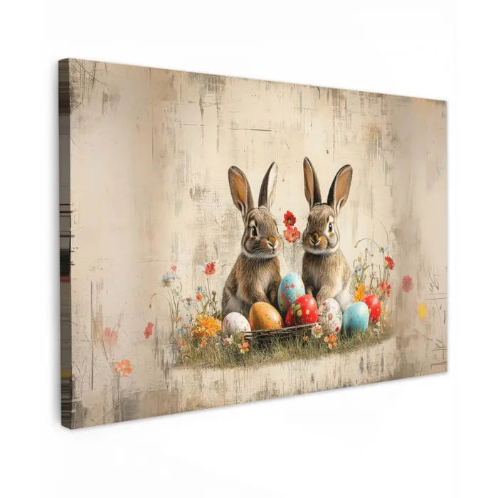 Konijnen - Bloemen - Eieren Tuinposter op houten frame 2 cm dik klein -3d