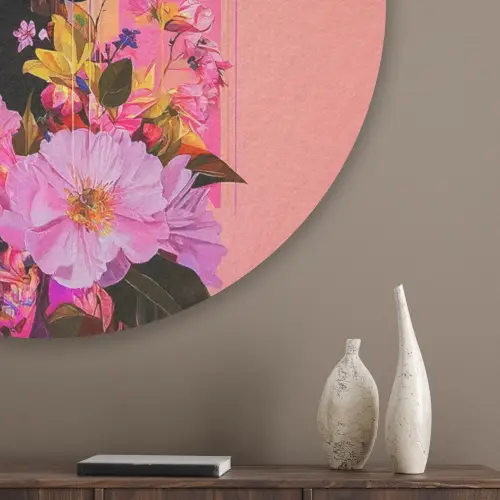 Kleurrijk - Bloemen - Vrouw - Zon Akoestische PET Vilt - Rond klein -sfeer5_closeup