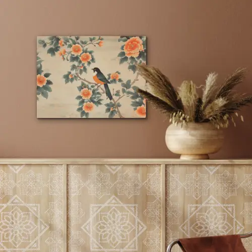 Vogel - Tak - Bloemen - Oranje PET vilt klein -sfeer4