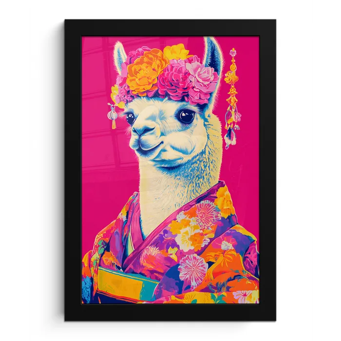 Lama - Kimono - Bloemenkrans - Felroze fotolijst zwart zonder passe partout klein -3d