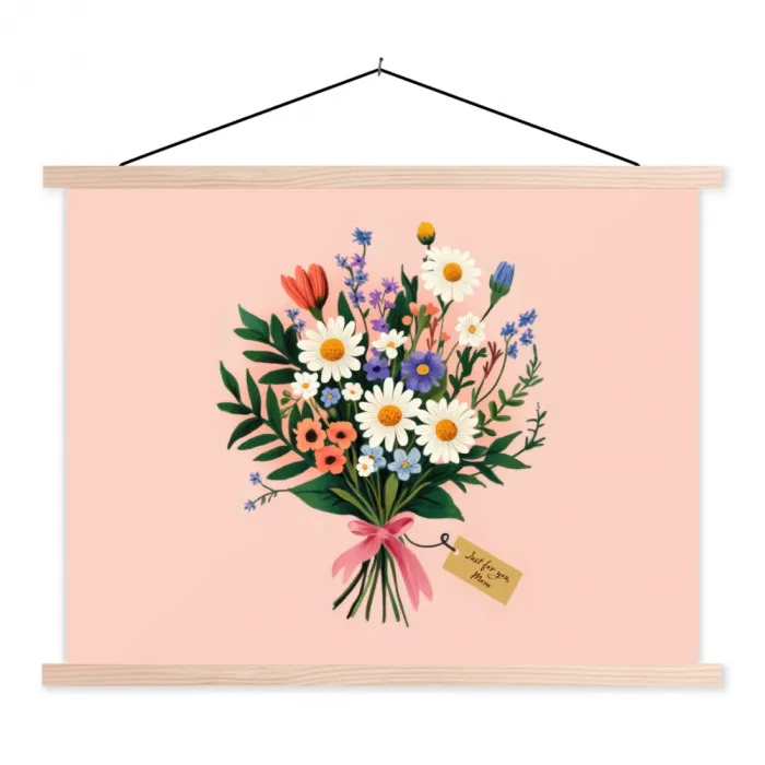 Margrieten - Boeket - Strikje - Roze textielposter latten blank klein -3d