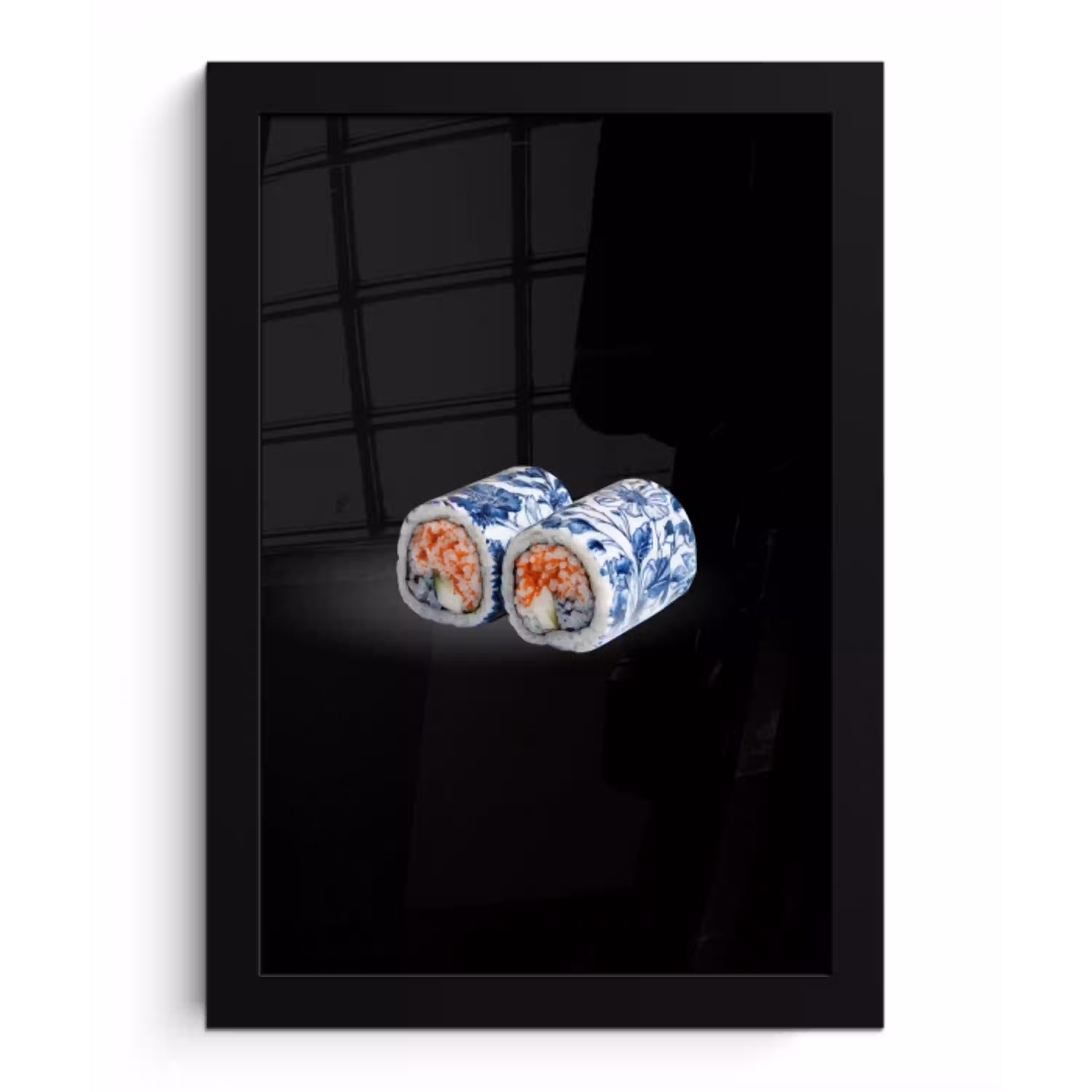 Sushi - Delfts blauw - Rijst - Vis - Elegant fotolijst zwart zonder passe partout klein -3d