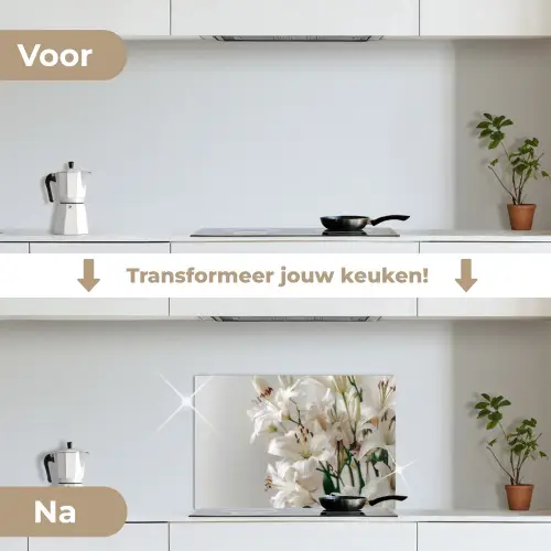 Lelies - Boekte - Wit - Meeldraden keuken achterwand spatscherm klein -voor_na_NL