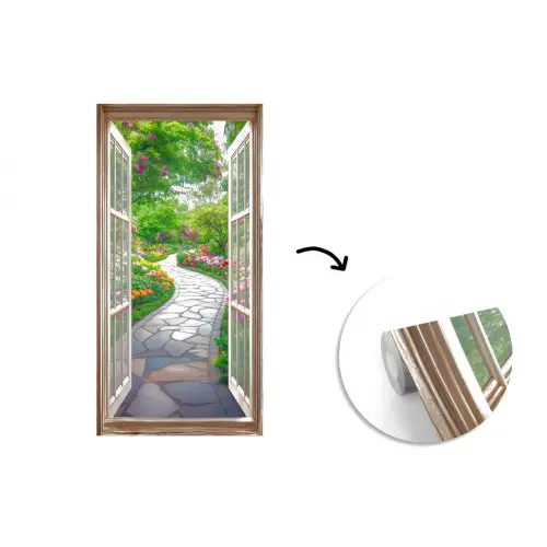 Doorkijk - Bloemen - Tuinpad - Natuur - Raam fotobehang vinyl groot -3d