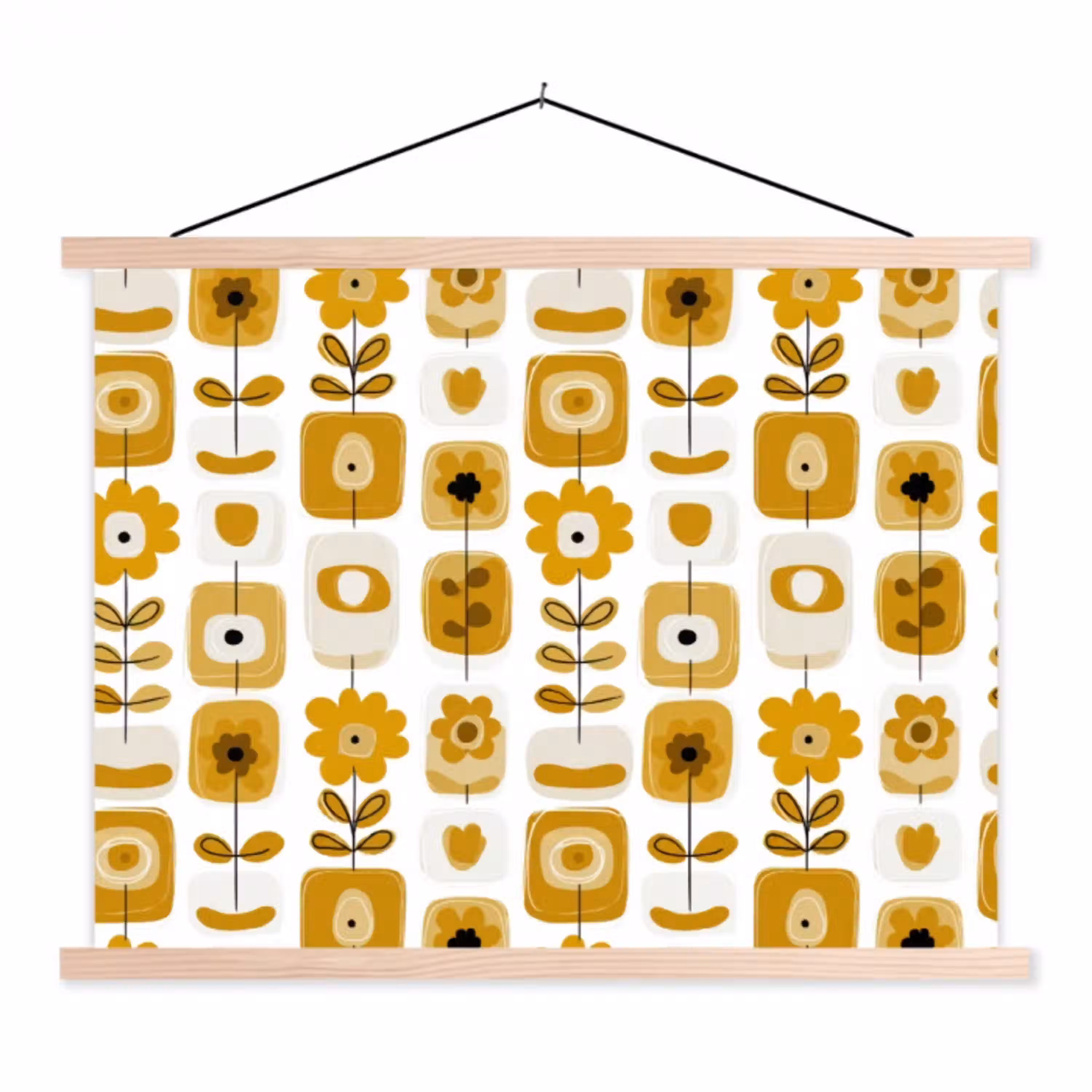 Retro - Abstract - Bloemen - Okergeel textielposter latten blank klein 122 -3d