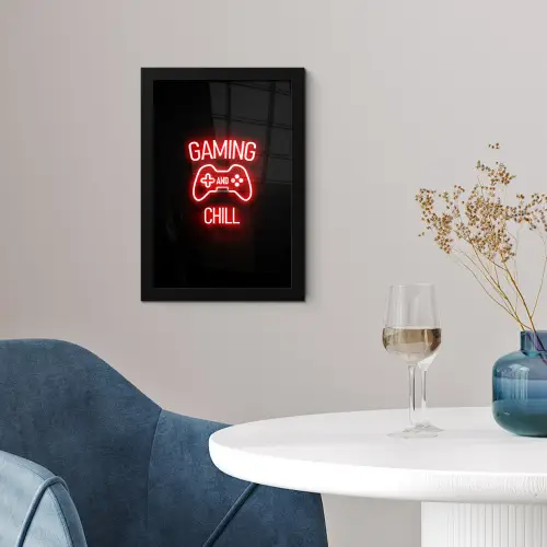 Gaming - Quotes - Gaming and chill - Neon - Rood fotolijst zwart zonder passe partout klein -sfeer4