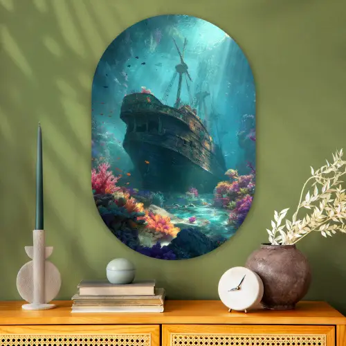 Schip - Hout - Koraalriffen - Zonlicht Wandcirkel Ovaal Glas middel -sfeer2