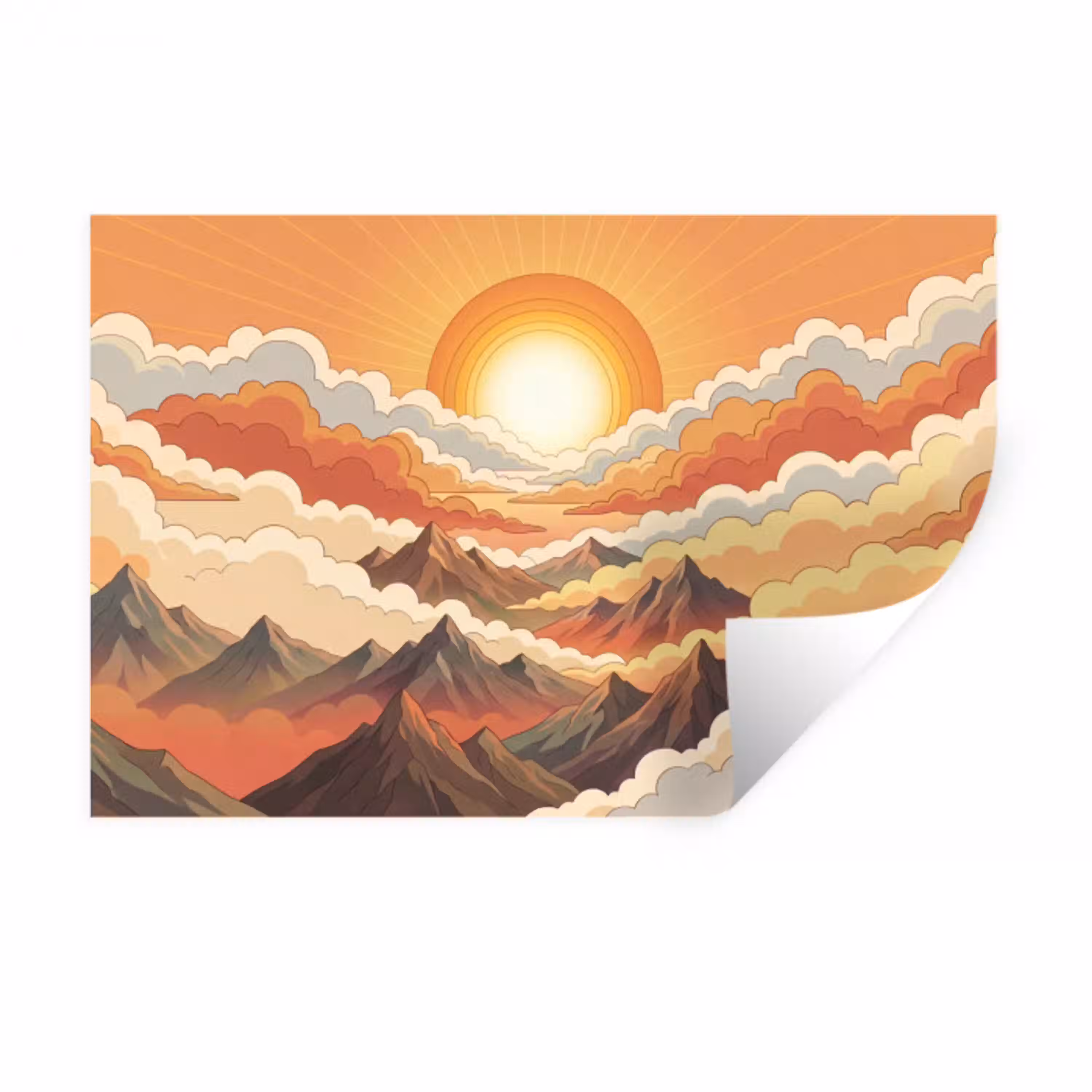 Bergen - Wolken - Natuur - Zonsopgang - Oranje Muursticker klein -3d