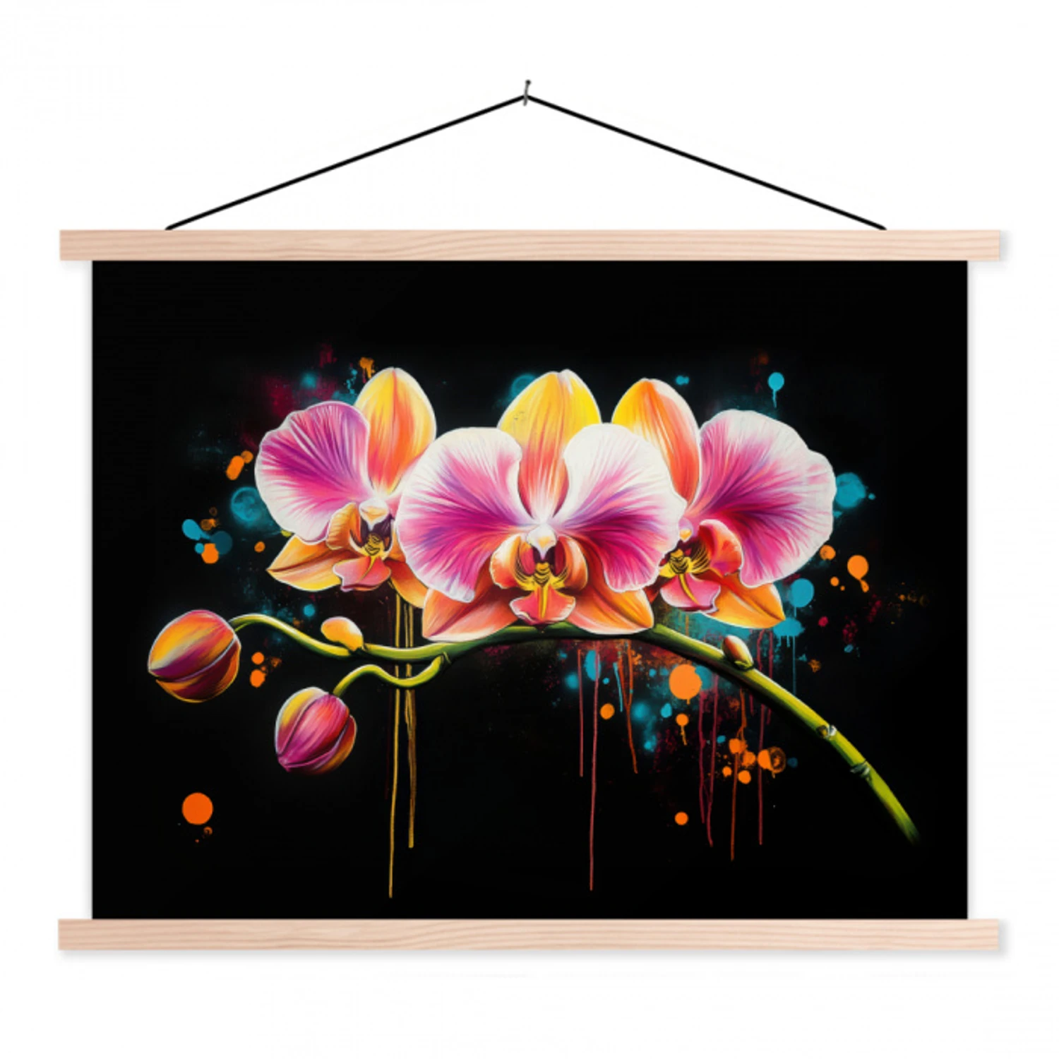 Orchidee - Graffiti - Kleurrijk - Bloemen - Abstract textielposter latten blank klein -3d