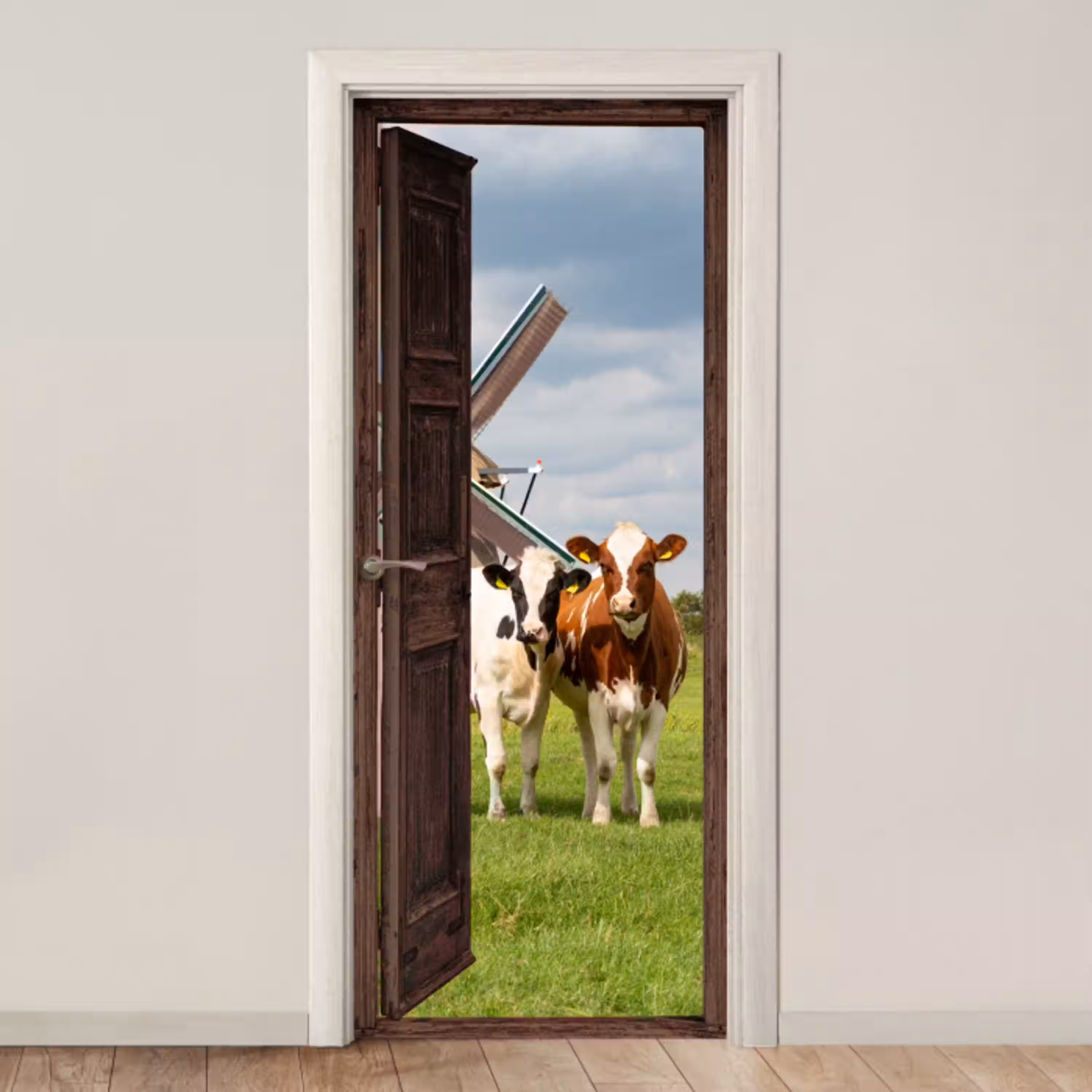 Doorkijk - Koeien - Dieren - Weiland - Natuur deurposter klein -3d_beige