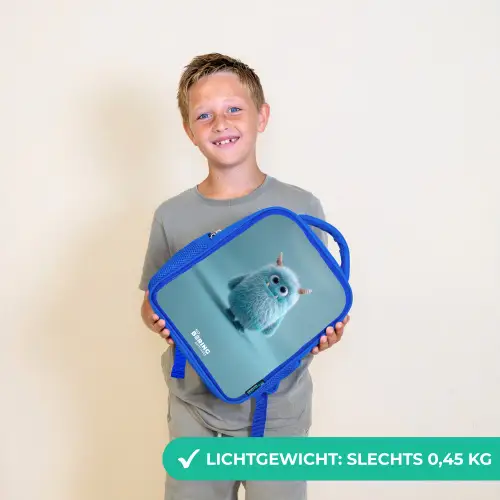 Blauw pluizig monster met hoorns Kinderrugzak - Blauw middel -sfeer1_NL