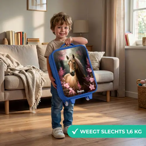 Lichtbruin paard tussen de roze bloemen Kinderkoffer - Blauw klein -sfeer2_NL