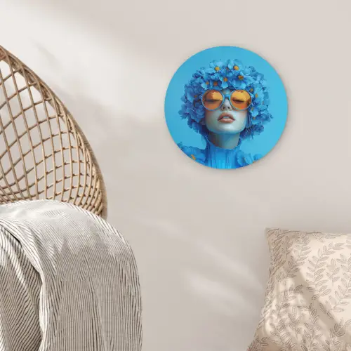 Vrouw - Bloem - Blauw - Modern - Bril - Portret Wandcirkel kunststof plaat 5mm dik klein -sfeer5
