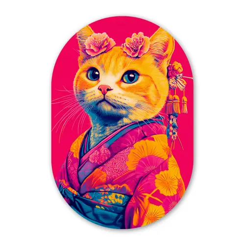 Kat - Kimono - Bloemen - Roze Wandcirkel Ovaal Forex klein -3d