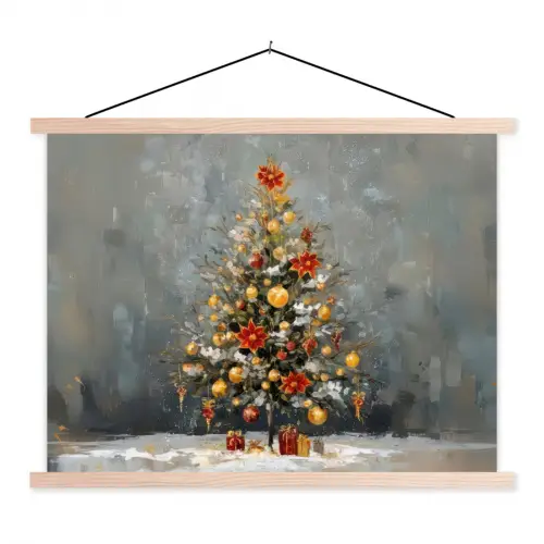 Kerstboom - Cadeaus - Rood - Goud textielposter latten blank klein -3d